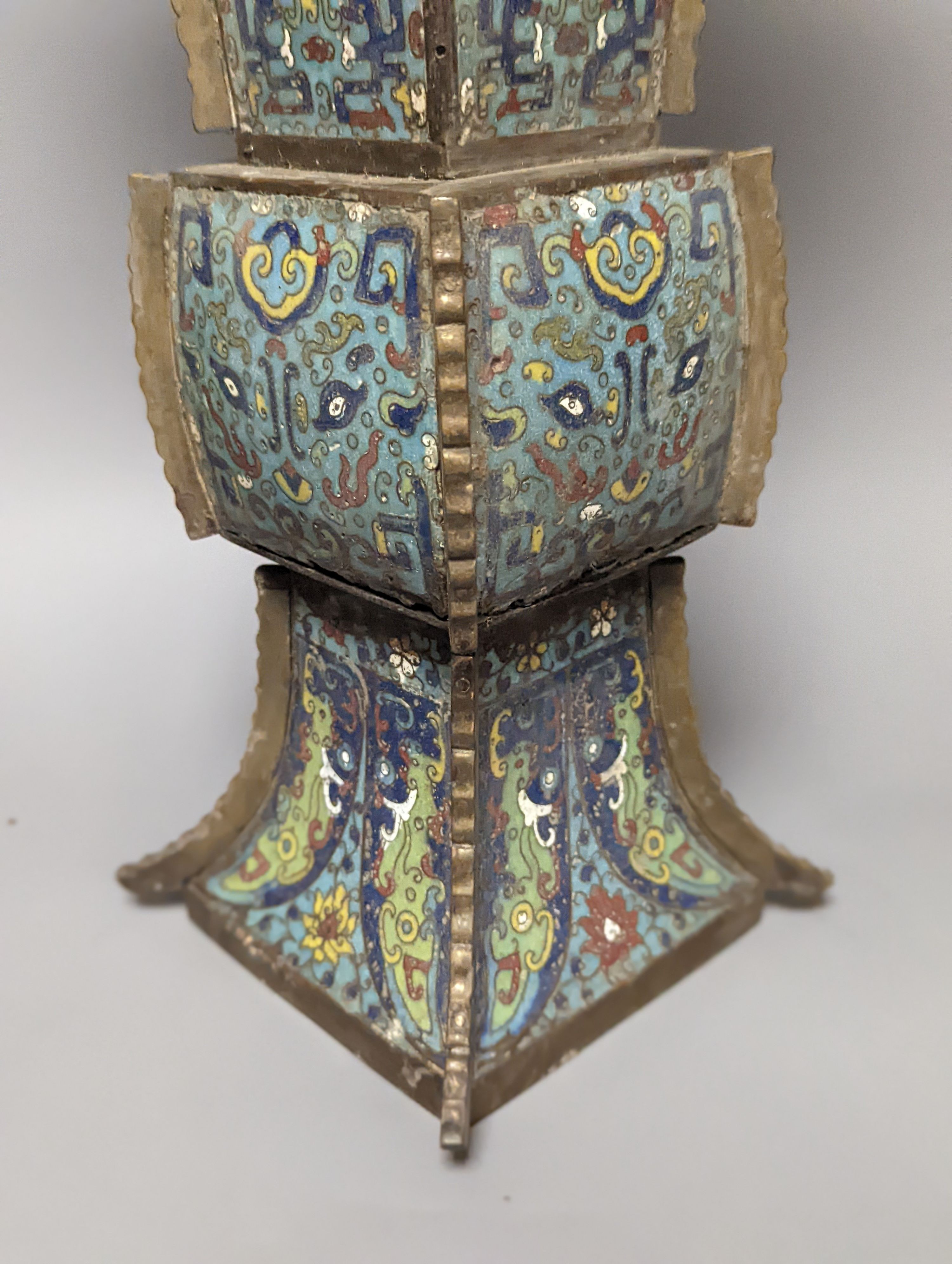 A large Chinese cloisonné enamel and bronze mounted vase, fangzun, late Qing dynasty 42cm